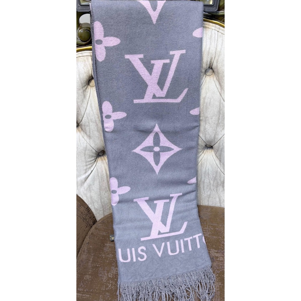 Louis Vuitton Logomania Scarf Grey Pink Monogram Logo Fringed Wool Blend France